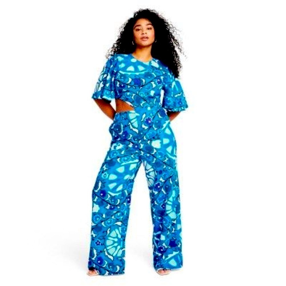 Women's Large Zinnia Floral Print Bell Sleeve Cut Out Jumpsuit RHODE Blue Size S